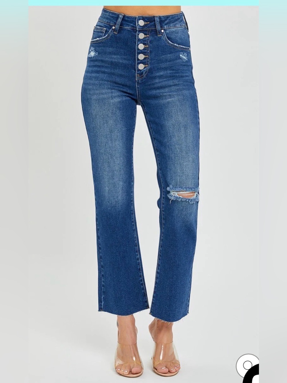 Risen High Rise Crop Straight Button Down Distressed Jeans Size 13 / 31